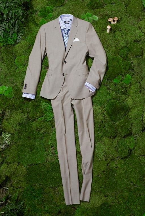 HUGO BOSS BLACK jam sharp tic solid suit in khaki, $795. Fancy check plaid shirt in blue & purple, $125. Summer prep striped tie, $95.